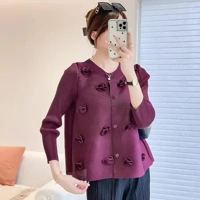 Gorgeous Miyake Pleated Shell Petal 3D Appliques Tops Women Cardigan Long Sleeve High Stretchy Loose Blouse Shirt Summer Clothes