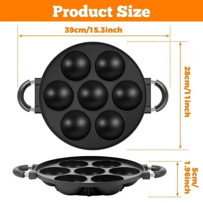 7-Cavity Aluminum Mold for Pancake Balls and Takoyaki with Non-Stick Surface, Ideal for Home Baking