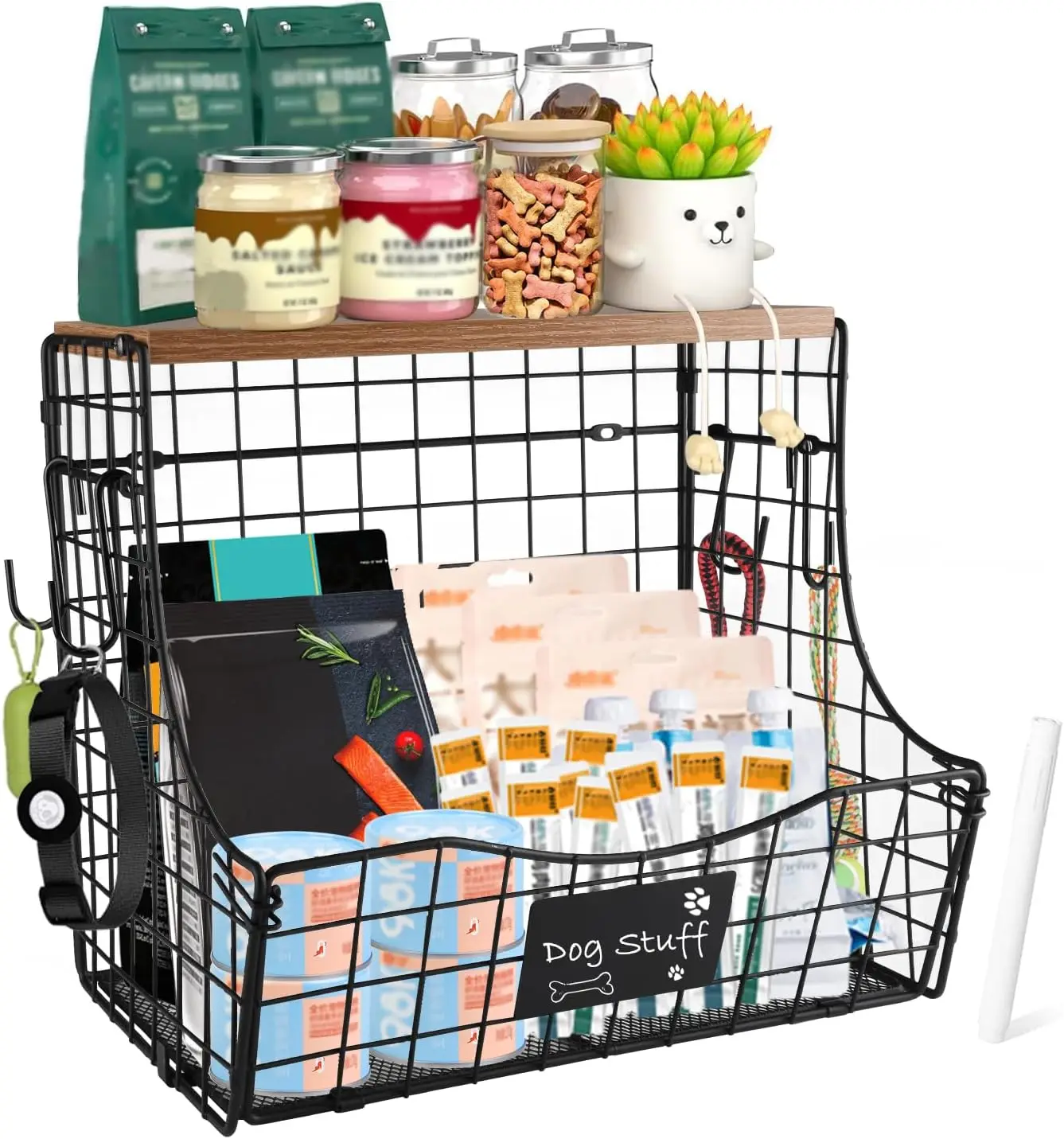 

Pet Wall Basket with Wood Lid, Wire Storage Rack, Nameplate Organizer, Multifunctional Countertop Storage
