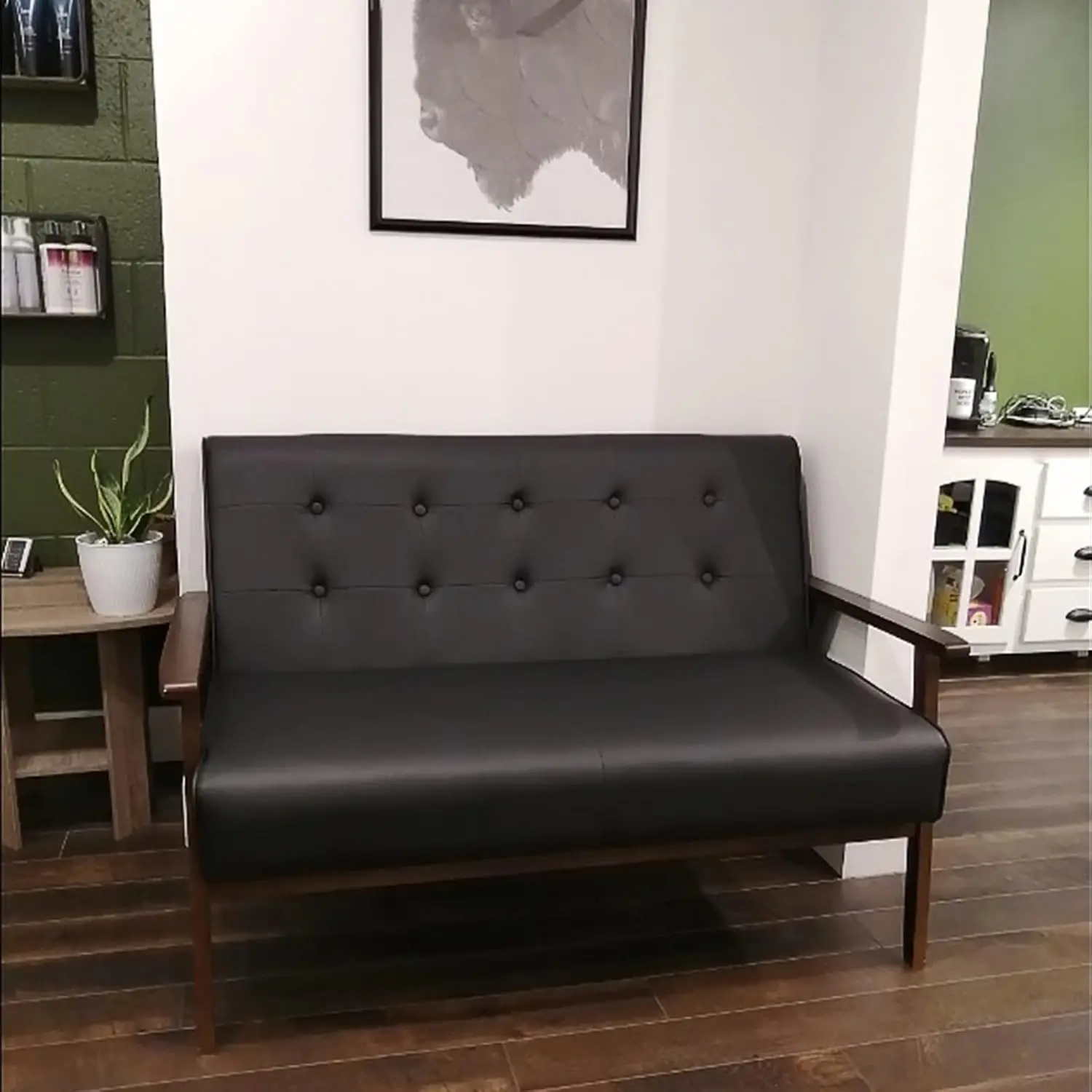 Nowoczesna drewniana skórzana sofa 2-osobowa, elegancka minimalistyczna sofa dwuosobowa, solidna i trwała rozkładana sofa kanapa (czarna)