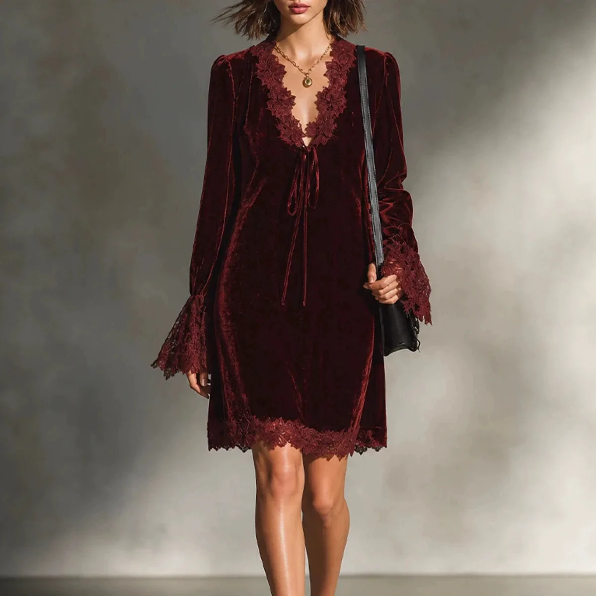 2026 Autumn. And Winter New Collection: French-style Velvet Lace Clothes For Women. Women's Casual Dresses Midi Vestidos Bandage