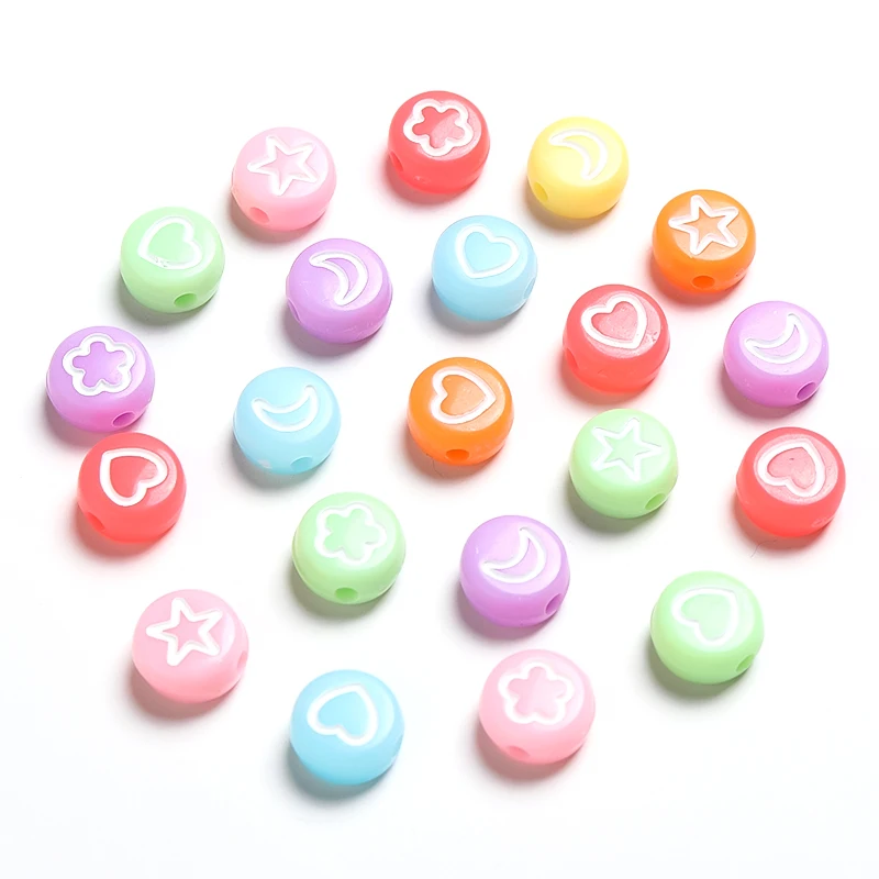 100 Stück 7 mm Acrylperlen, bunt, gemischt, Mond, Stern, Herz, Blume, flach, rund, lose Perlen für Schmuckherstellung, DIY-Armbänder, Zubehör
