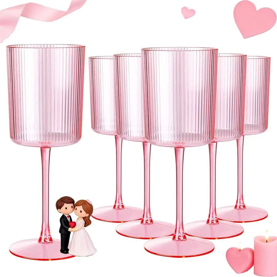 

12 шт. розовых пластиковых бокалов для вина с ребристой поверхностью, 10 унций, квадратные пластиковые бокалы для вина на ножке, одноразовые бокалы для шампанского для вечеринок и мероприятий
