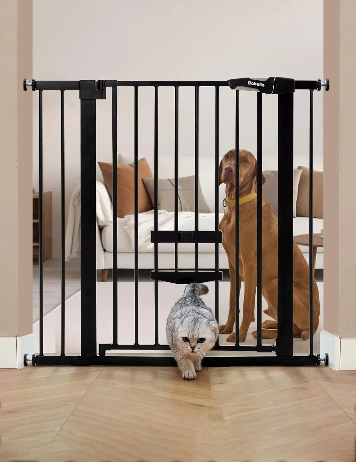 

Защитный барьер для детей 36 дюймов, сверхвысокий, с дверцей для кошек, автоматическим закрыванием, удобный для прохода через лестницы и дверные проемы