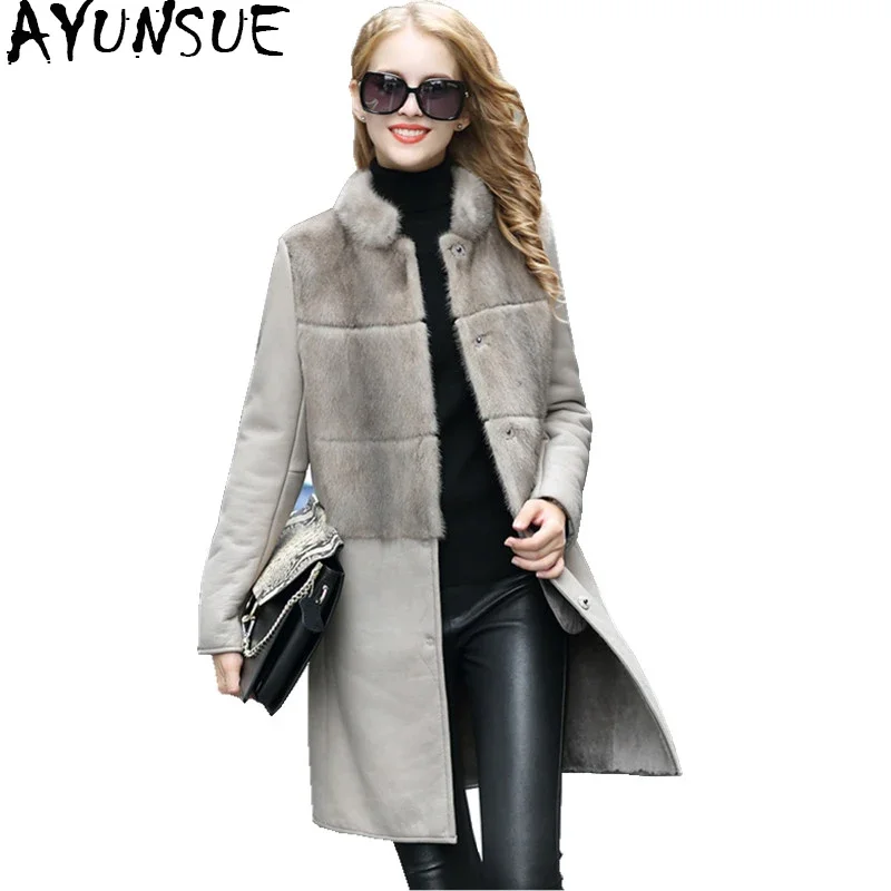 

AYUNSUE 2020 New Fashion Natural Mink Fur Coat Real Sheepskin Long Slim Sheep Fur One Coats Warm Winter Jacket Women SW3333-1