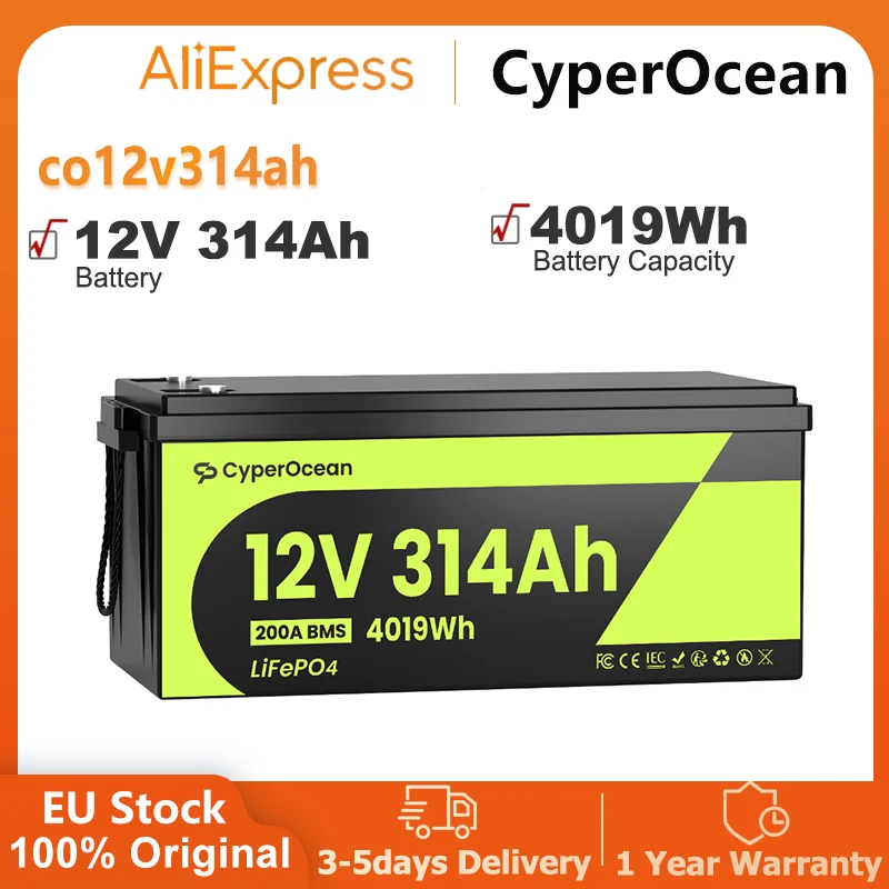 Image of CyperOcean 12V 314Ah 4019Wh LiFePO4-Batterie mit Niedertemperatur-BMS-Schutz, tragbare Lithium-Eisenphosphat-Batterie, 15000+ Zyklen für Wohnmobil/Solar/Camping/Marine/Wohnwagen/Zuhause usw.