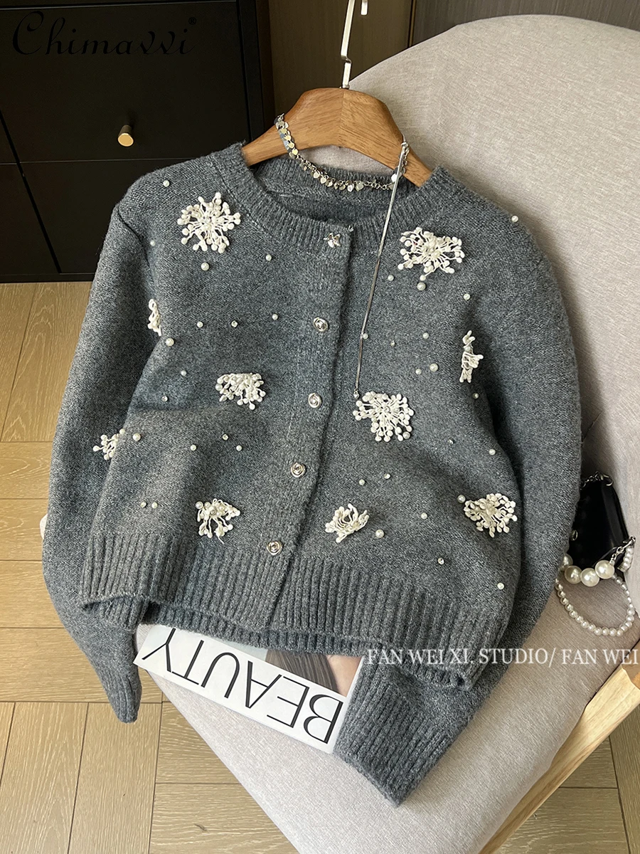 Fashion Gray Sweater Coat Women's Autumn and Winter New Heavy Diamond Bead Three-dimensional Flower Knitted Cardigan Top