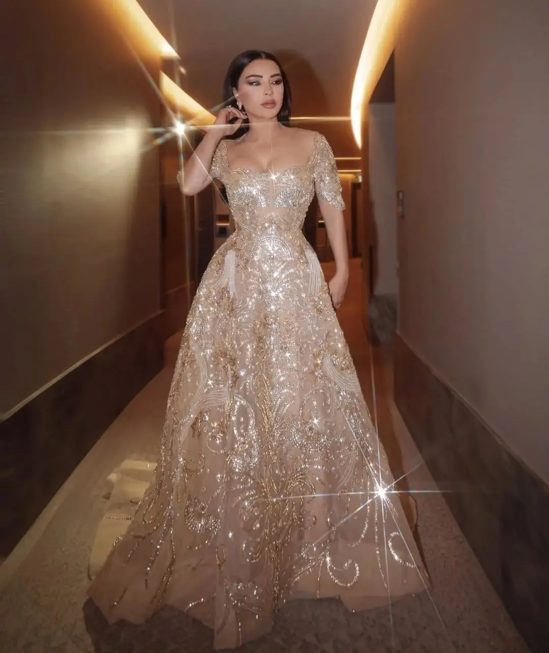 

Ofherown Luxury Beaded Champagne Gold Evening Dress Square Neck Short Sleeves Train Prom Gown Arabic Party Dresses Customized