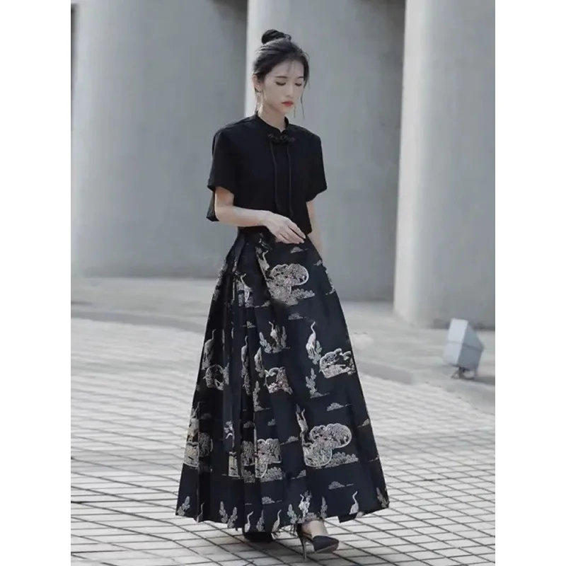 

Black Fashion Print Horse Face Skirt Mamianqun Set Modified Hanfu Daily Commuter Dress Women Sexy Elegant Party Dress