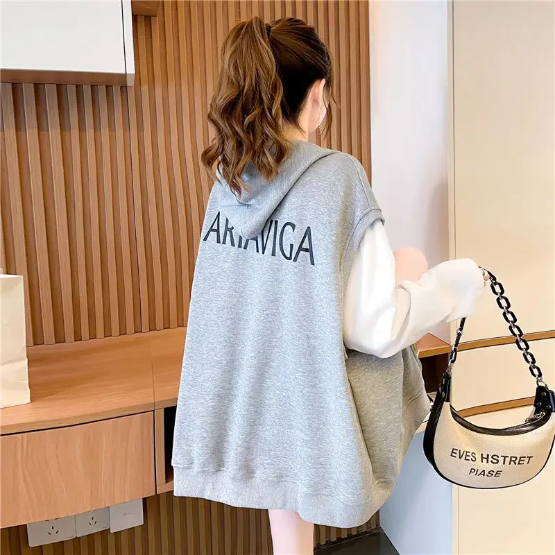 Cotton Hooded Sweatshirt Vest Women\'s Sleeveless Top Coat Retro Leisure Korean Fashion Harajuku Style Plus Size Loose Cardigan