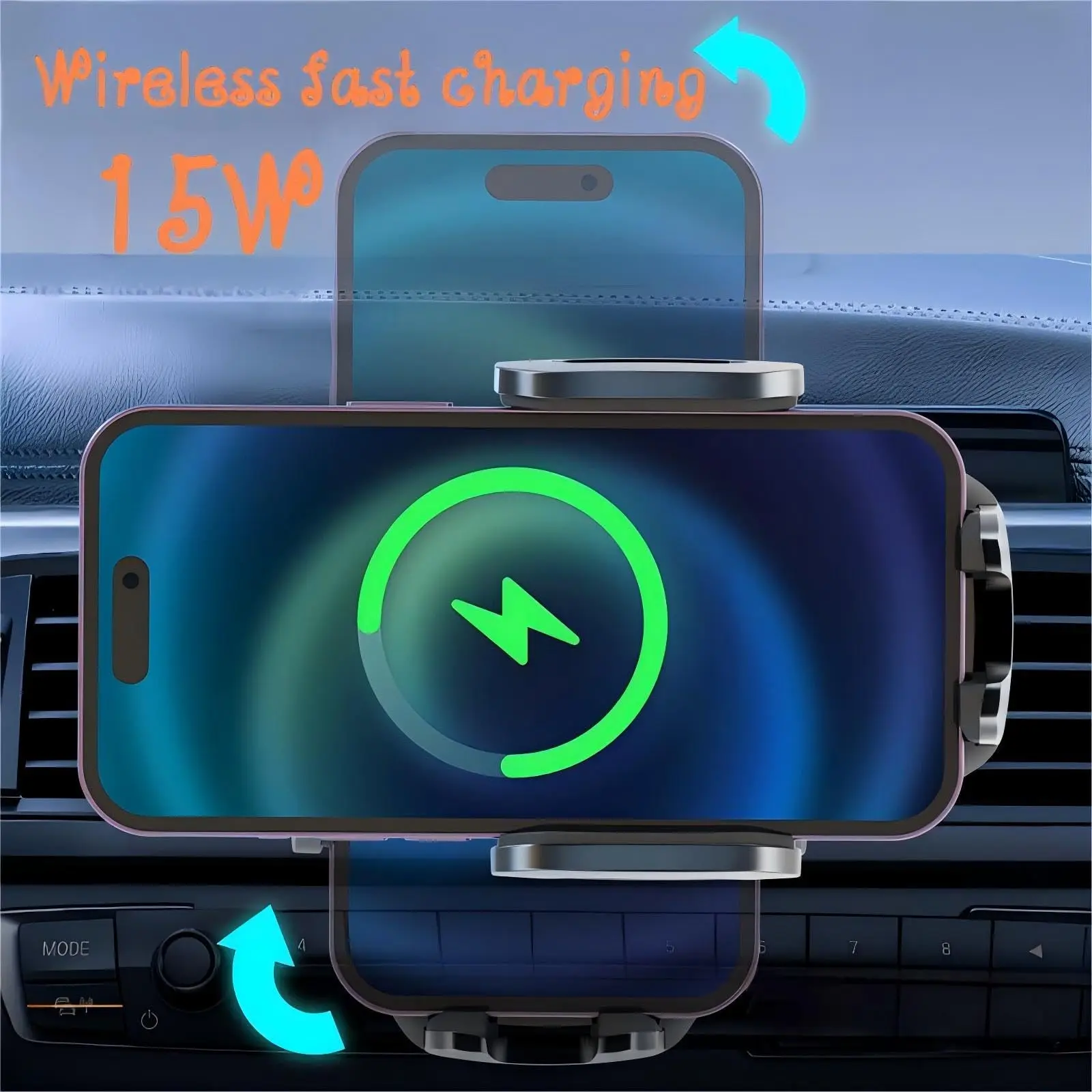 Autohalterung – Fahrzeug-Mobilhalterung mit 15 W Schnellladung, kabelloses Laden, Navigationsfunktionen