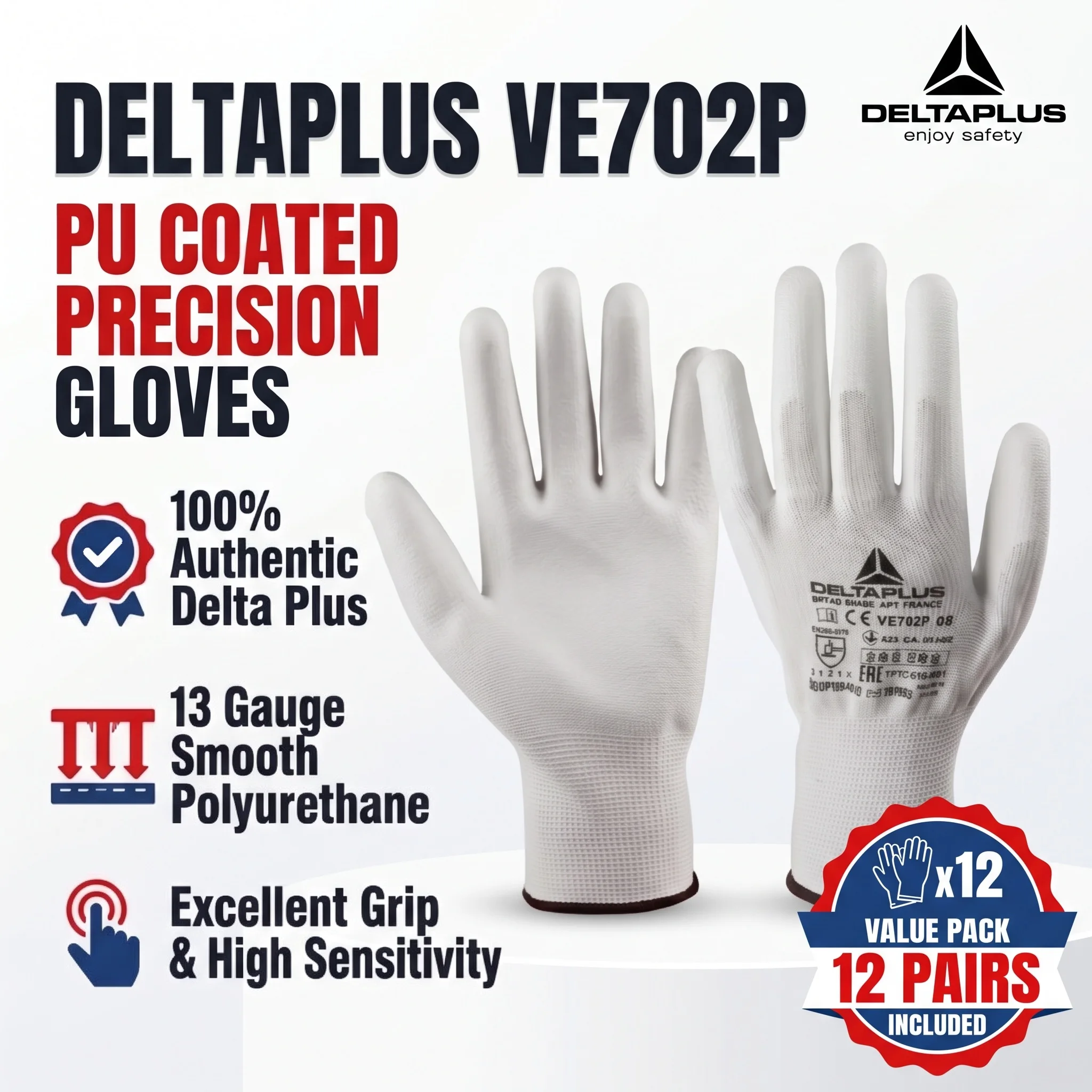 DELTAPLUS VE702P PU Coated Work Gloves for Man Flexible Antistatic Electronic Repair Safety Guantes de Trabajo de Poliéster