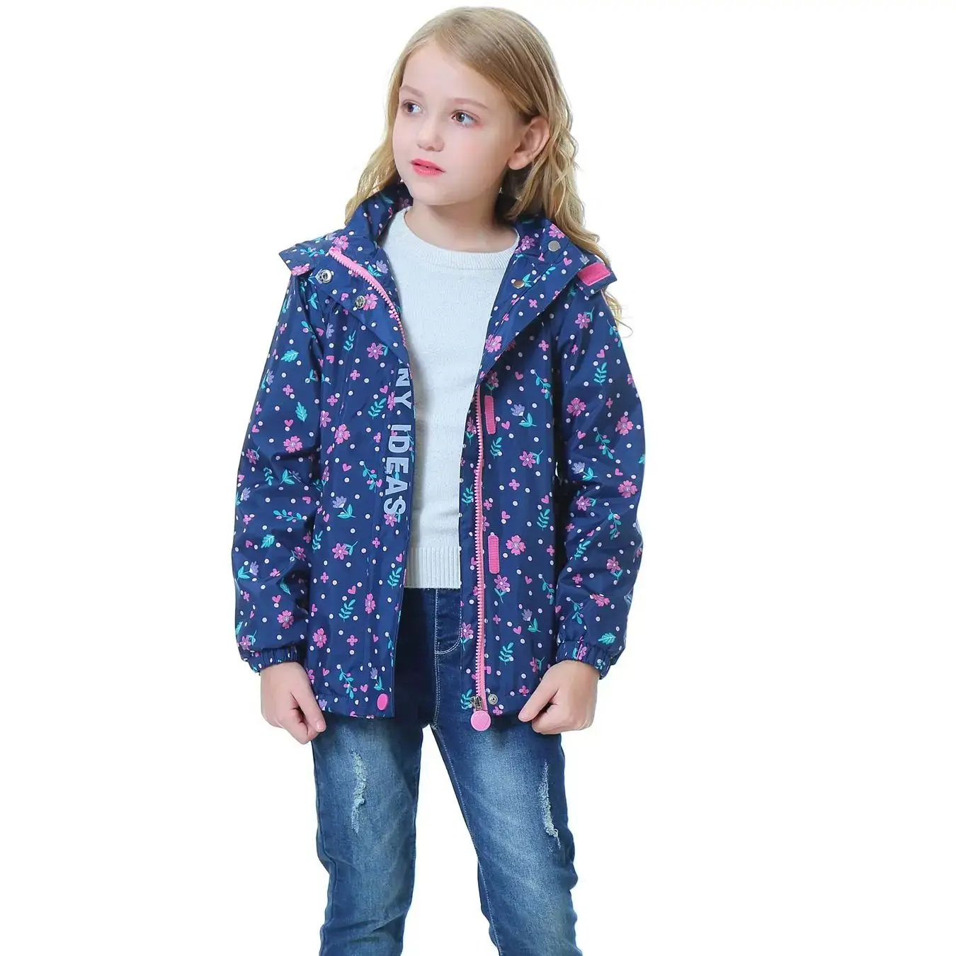 Girls Thin Fleece-lined Jacket With Hooded Reflective Label Zip-up Rain Jacket Windbreaker For Outdoor