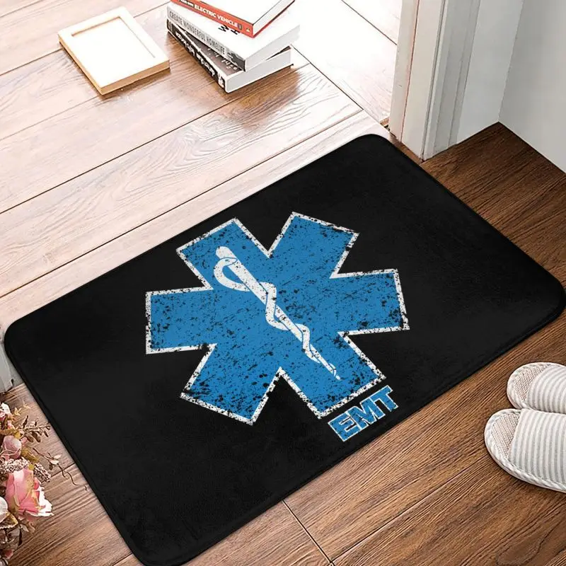 Emt Star Of Life Front Door Mat Anti-Slip Outdoor Absorbent Paramedic Medic Ambulance Doormat Kitchen Balcony Rug Carpet