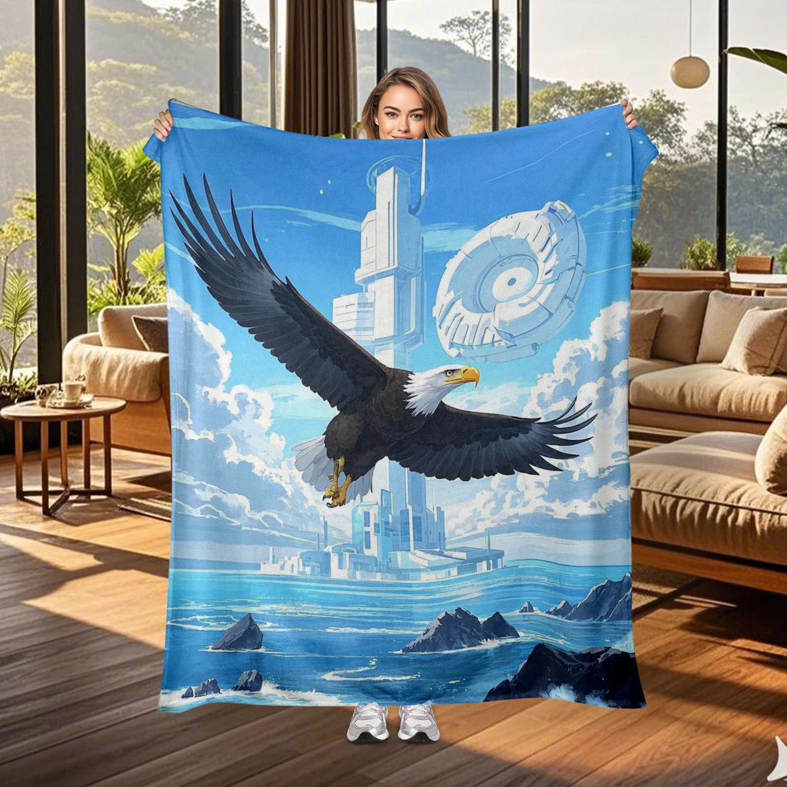 Cartoon Soaring Eagle And High Tech Buildings Blanket A Thoughtful Gift For Family And Friends Kids Promoting Dreams