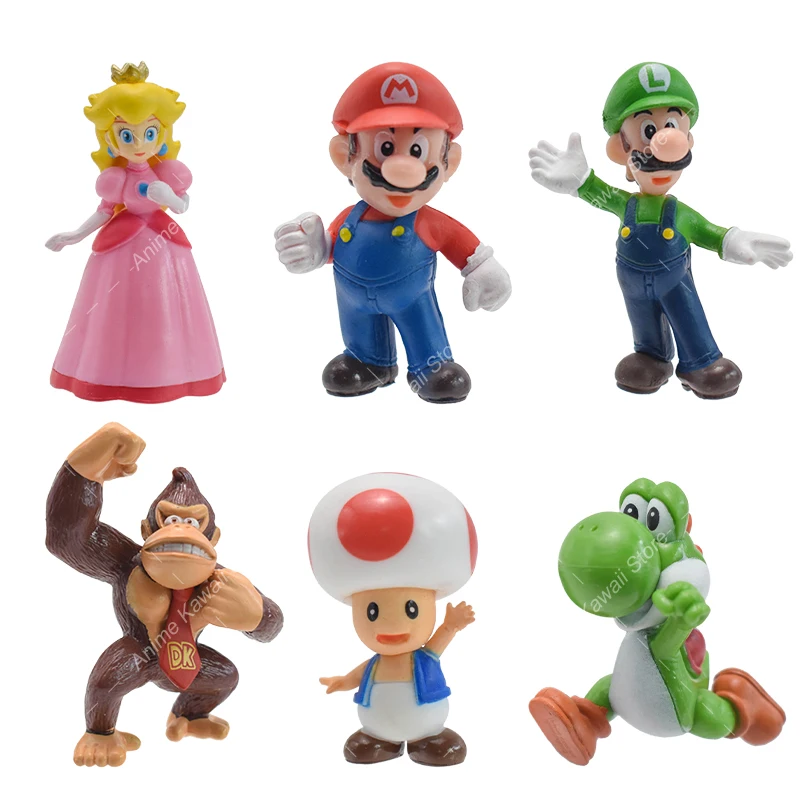 Cartoon Mario Bros Action Figures Kawaii Bowser Yoshi Luigi Princess Peach Donkey Kong Toad Q Version Anime Figure Kids Gifts