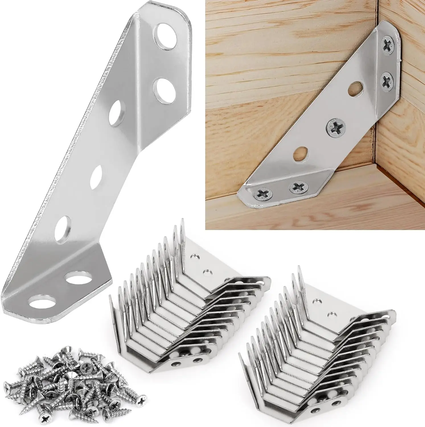 100pcs Stainless Steel Angle Corner Brackets Universal Furniture Corner Connector Brace Joint Fastener Bedframe Cabinet Drawer