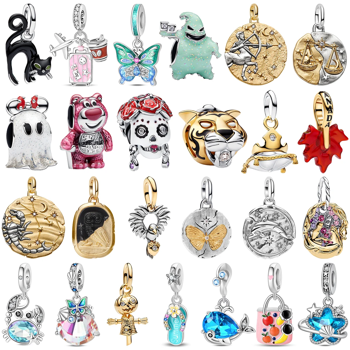 New 925 Sterling Silver Plate Zodiac Black Cat Ghost Tiger Charms Pendent Texture Beads for Bracelet Necklace DIY Jewelry Gift
