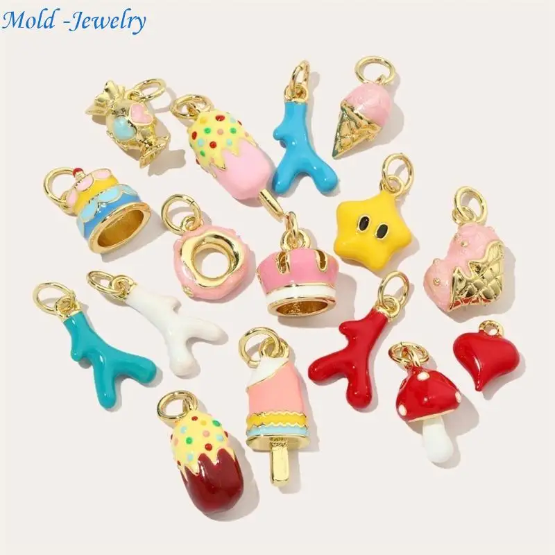 

69HB 3pcs Sophisticated Enamel Heart Mushroom and Ice Cream Pendants for Necklaces