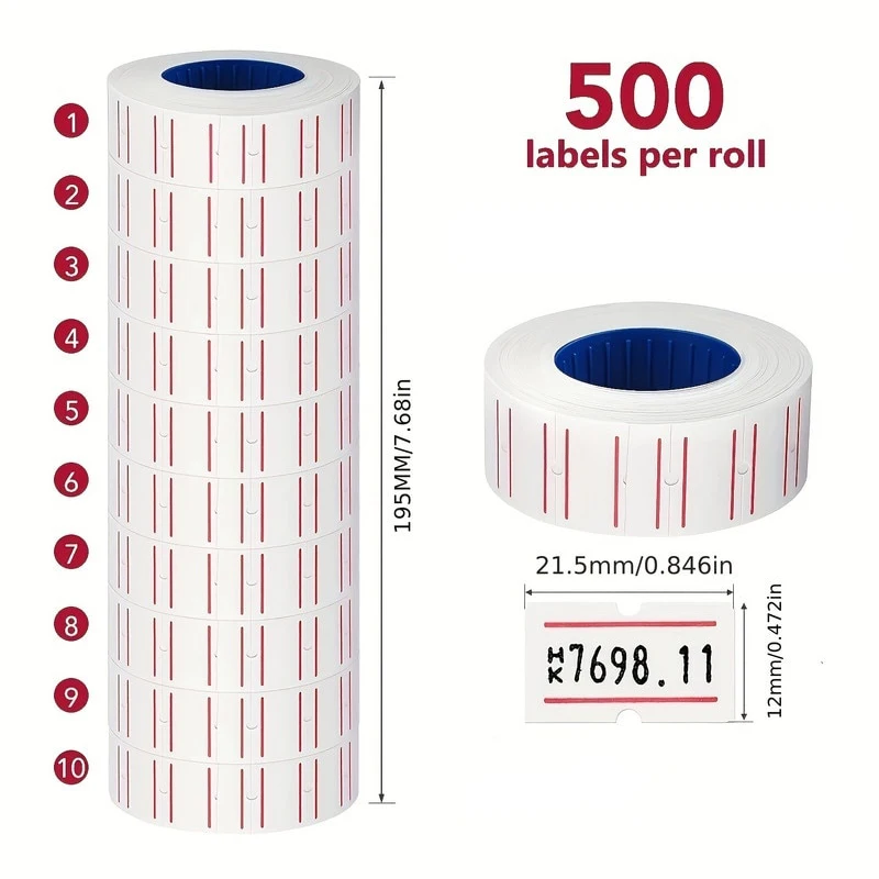 20 rolls of white and red self-adhesive marking paper, product labels, supermarket price tags.