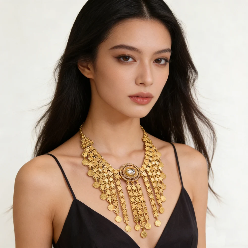Bohemian Style Gold Flower Pendant Necklace for Women Fashionable Ethnic Kurdish Turkey Bride Wedding Party Female Accessory
