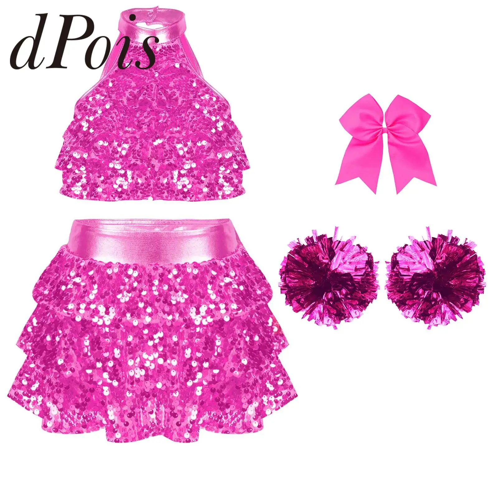 Kids Girls Jazz Dance Outfits Cheerleading Costume Children's Dancewear Set Shiny Sequins Tiered Crop Top with Ruffled Culottes