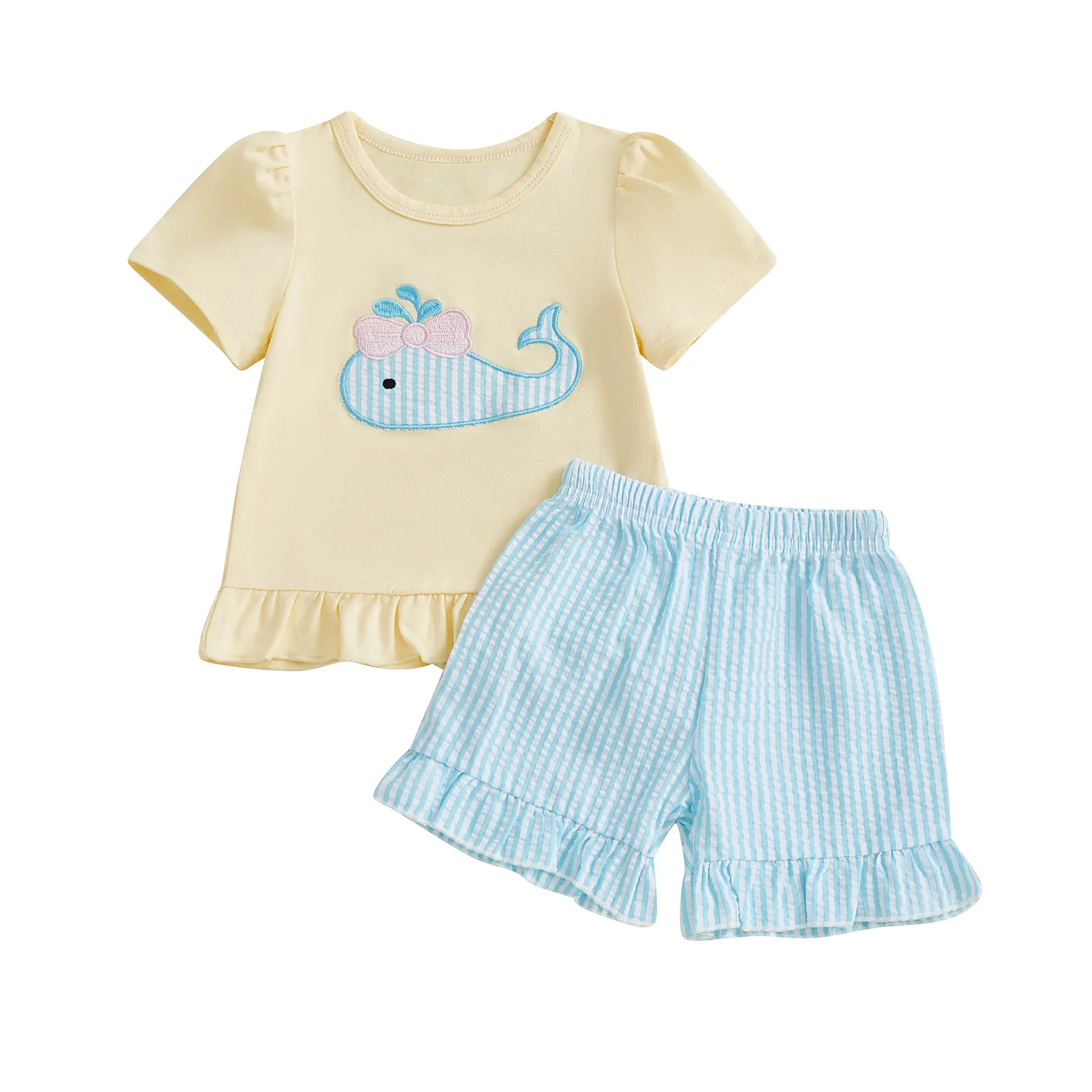 

Toddler Girl Summer Outfits Whale Embroidered Short Sleeve Round Neck T-Shirt Plaid Print Ruffled Shorts 2 Pcs Set