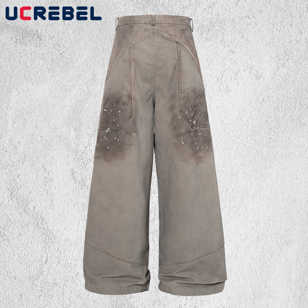 Splash ink Distressed Cargo Pants Mens Spliced Pocket Retro High Street Wide leg Straight Baggy Trousers Man
