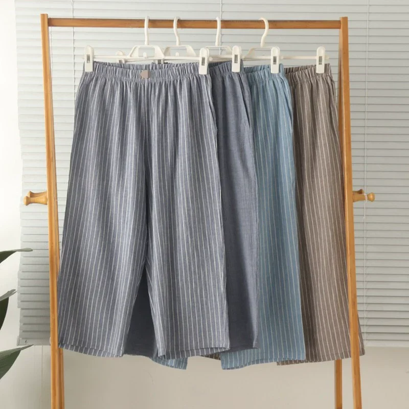 Men's Cotton Lightweight Breathable Lounge Pants Stripes With Pockets High Waist 3/4 Length Summer Sleepwear