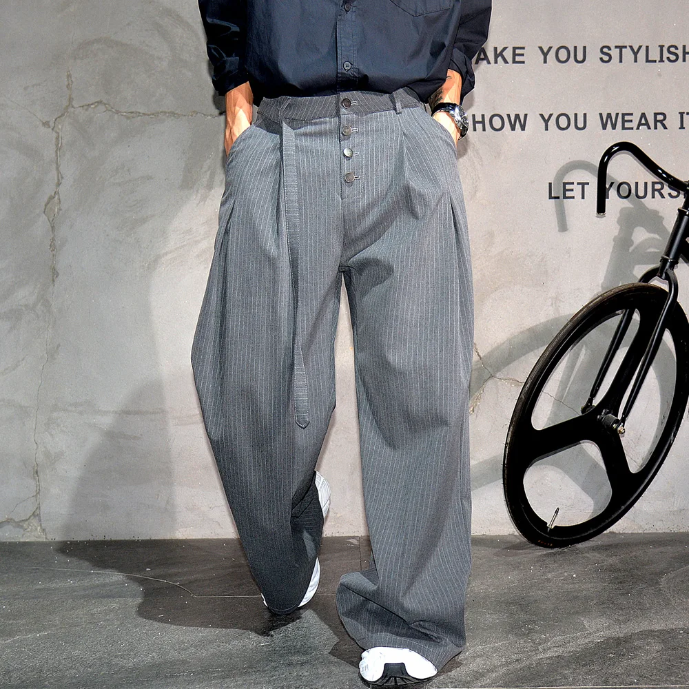 

Men Fashion Vintage Stripe Loose Casual Cleanfit Wide Leg Baggy Suit Pant Man Commuter Pleated Straight Pant Trousers