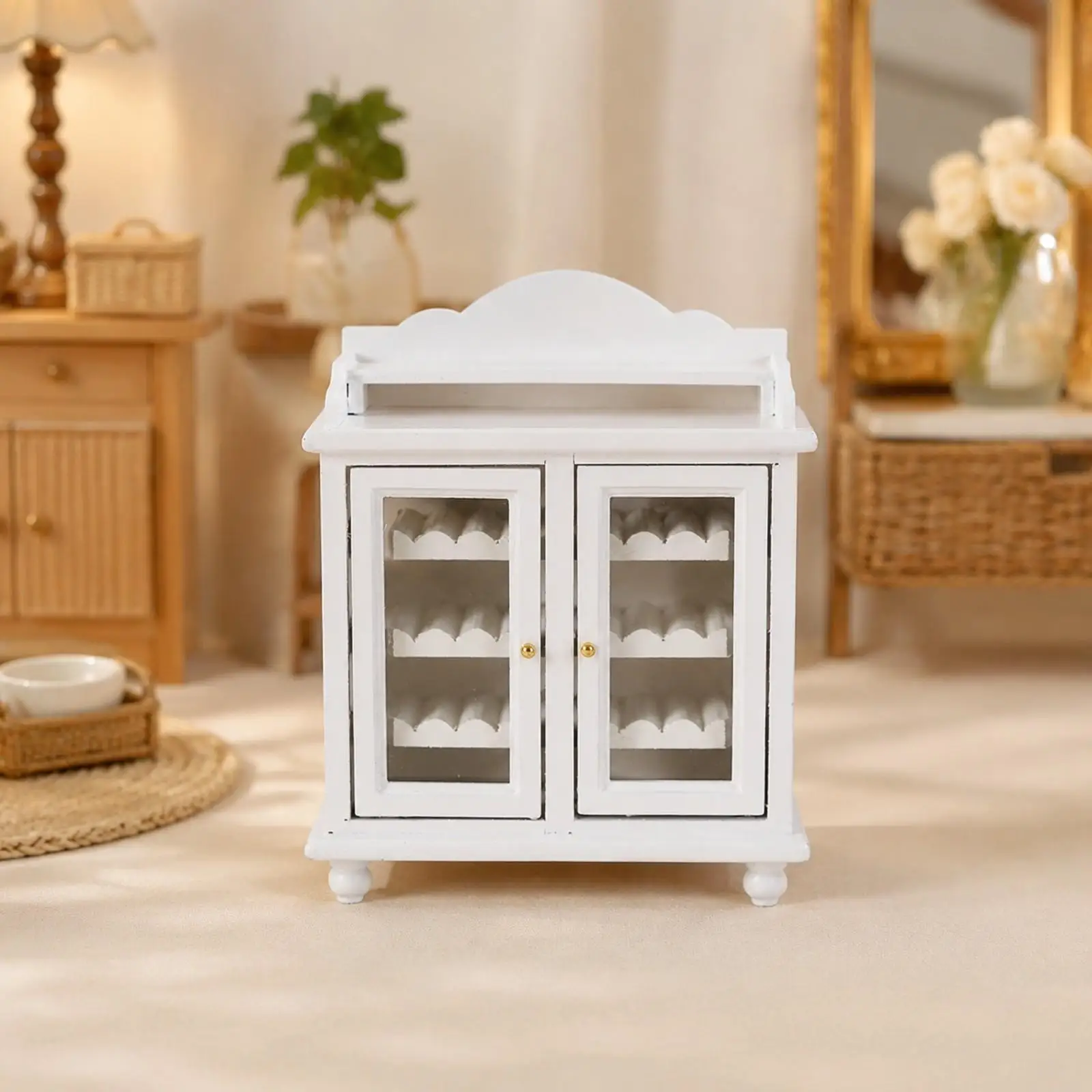 Miniature Dollhouse Storage Cabinet Wooden Glass Door Display for Tiny Home Decor