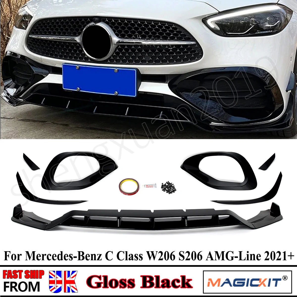 new Car Front Bumper Lip Spoiler Diffuser，Mercedes Benz W206 C300 2022-2024 Splitter Lip Fog Light Cover Canard Trim Car Tuning