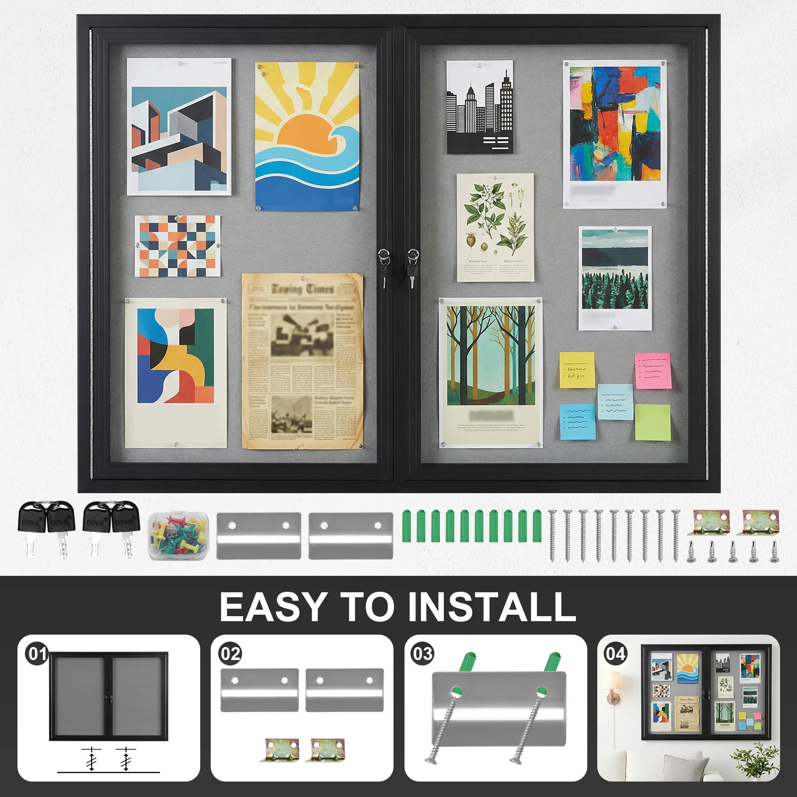 

Display Case Message Board Aluminum Frame Enclosed Cork Board with Glass Locking Door for School Office Classroom Commercial