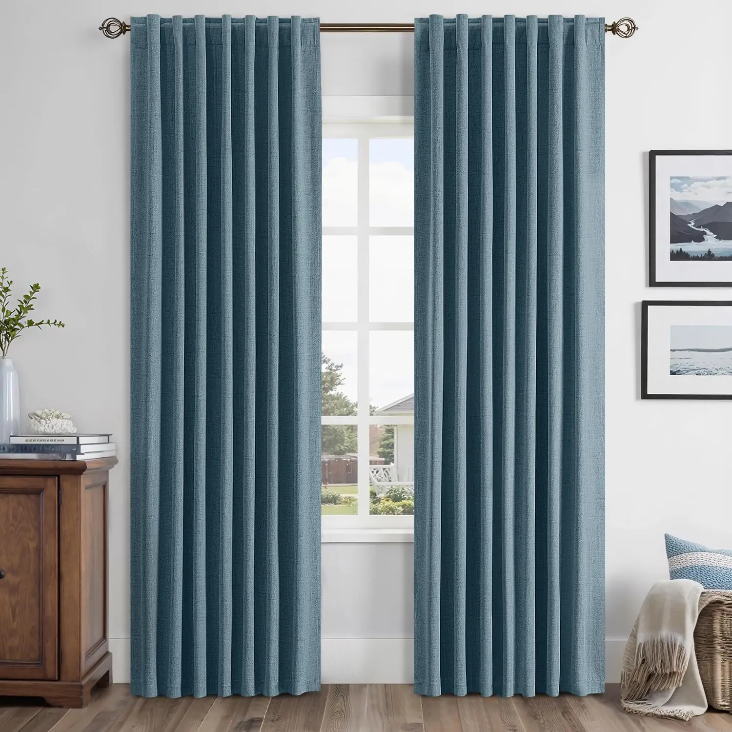 

100% Blackout Linen Curtains for Bedroom, Stone Blue Solid Luxury Decor Thermal Insulation Room Darkening Drapes for Liv