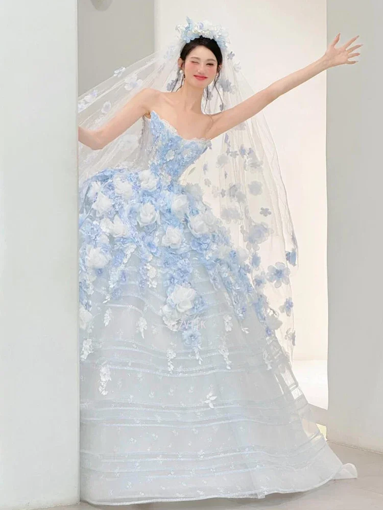Blue Flowers Wedding Bridal Dresses Women Puffy Fairy Party Evening Gowns Off Shoulder 3D Flowers Prom Gowns Vestidos De Novia