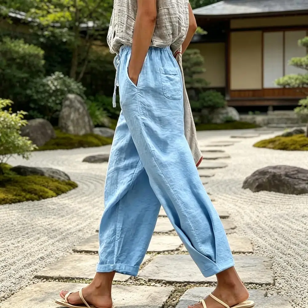 Pure Color Casual Summer Trousers Women Pants High Waisted Adjustable Drawstring Loose Fit Wide Leg Trousers  Drawstring Pants