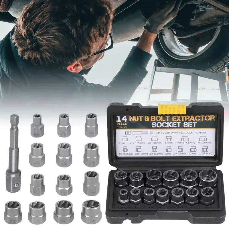 

14pcs Stripped Bolt Extractor Set Bolt Remover Set Damaged Bolt Removal Tool for Damaged Frozen Studs Rusted Rounded-Off Bolts