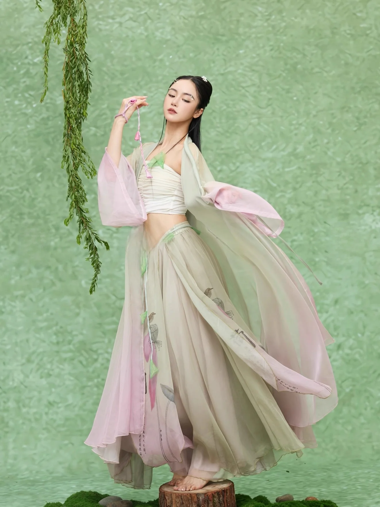 Rour Gradient Jazz Style Ancient Chinese Dance Skirt Set Women's Ethnic Costume Stage Performance Dress Fluffy Tulle Skirt