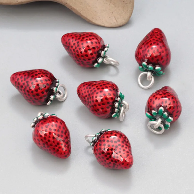 Vintage Enamel Red Strawberry Pendant for Jewelry Making Ethnic 3D 925 Sterling Silver DIY Material can Make Bracelet Necklace