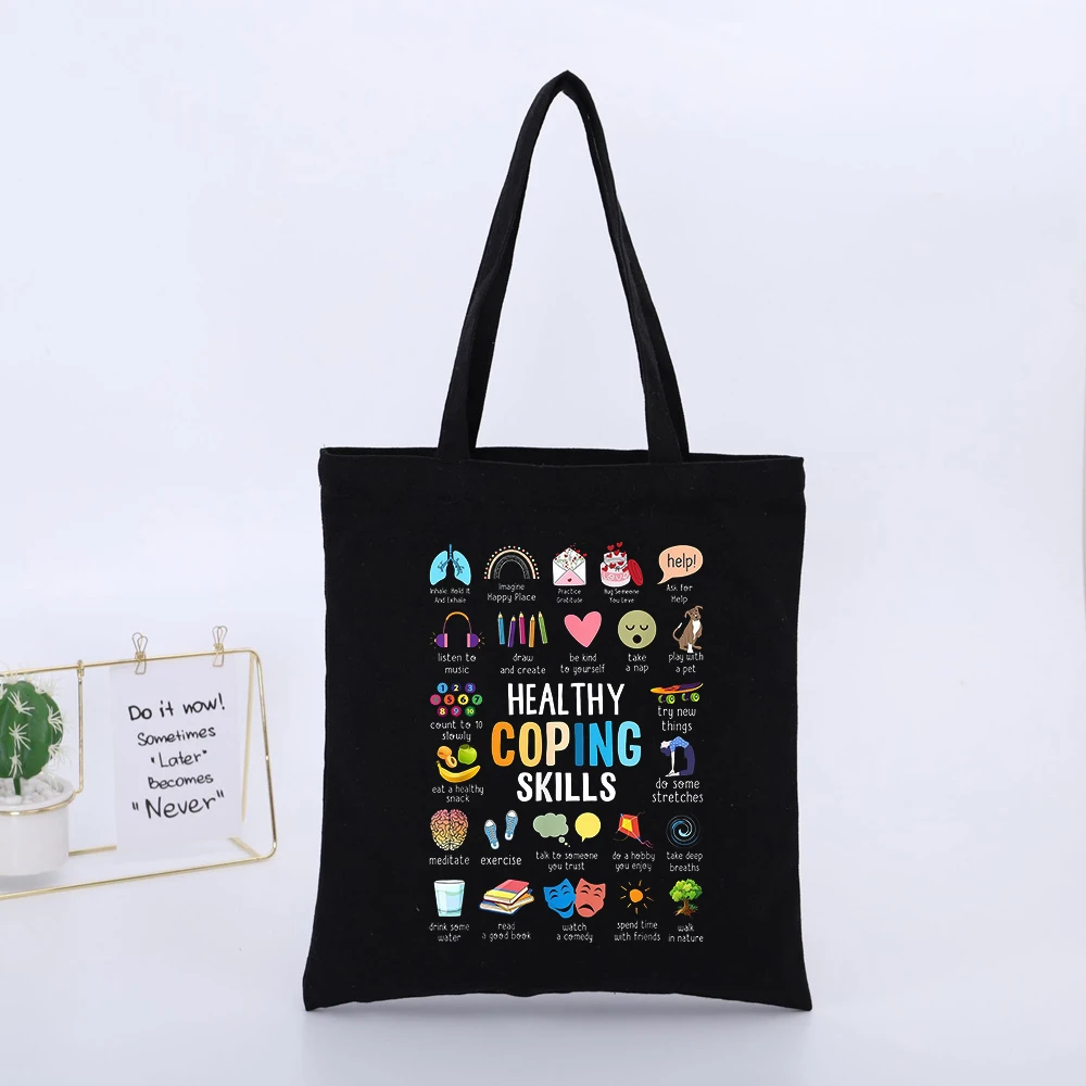 Mental Health-Inspired Typography Canvas Tote Bag, Casual Style for Daily Use and Wellness Support