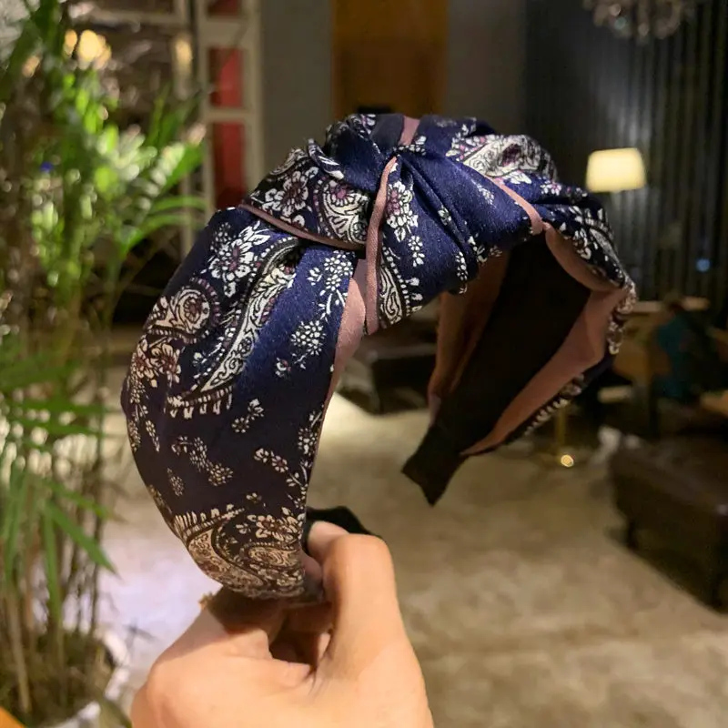 Granatowa opaska na głowę z nadrukiem dla kobiet Słodkie nakrycie głowy Vintage Flowers Print Hairband Knot Adults Hair Accessories Head Band Bow