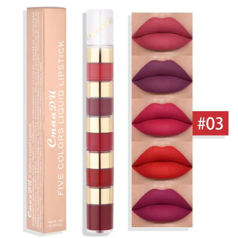 5 in 1 matten Lippenstift Kit Combo Streifen Samt sexy rote Lippen tönung Antihaft Tasse Lip gloss Lip Öl Make-up Lippen Kosmetik Set