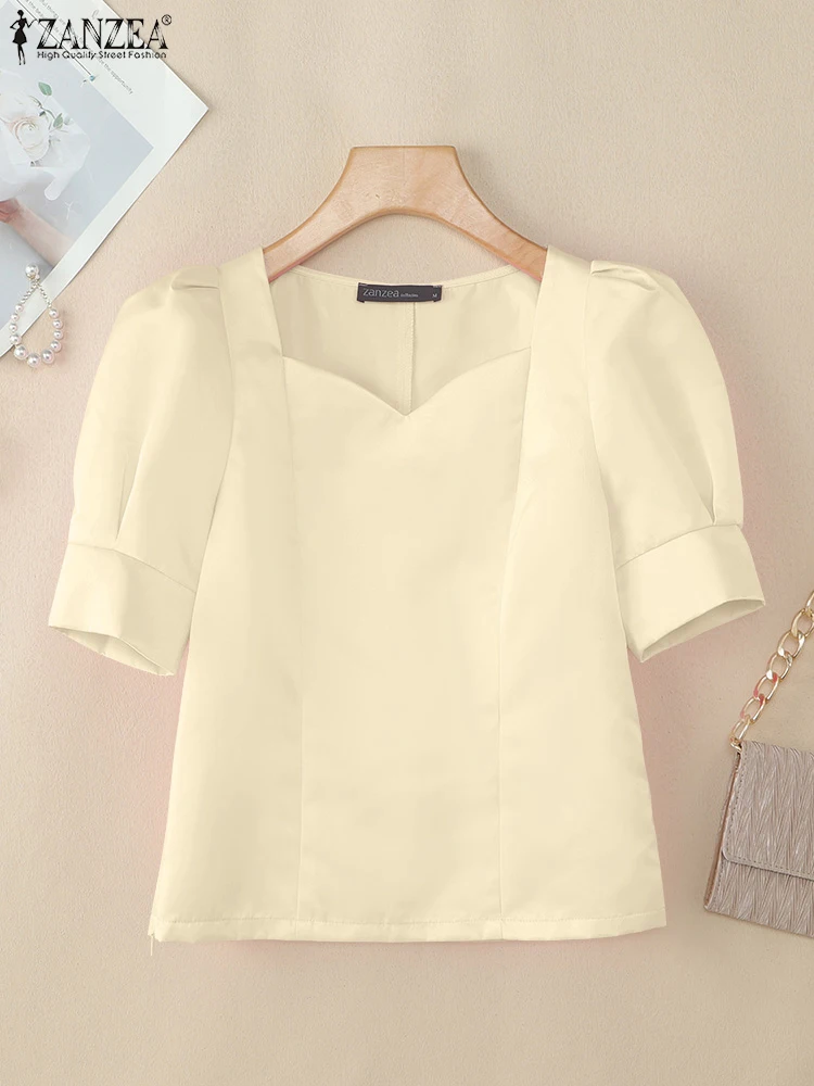 ZANZEA Elegant Shiny Satin Blouses Woman Summer 2025 Fashion Heart-Shaped Collar Short Puff Sleeve Blusas Mujer Solid Short Tops