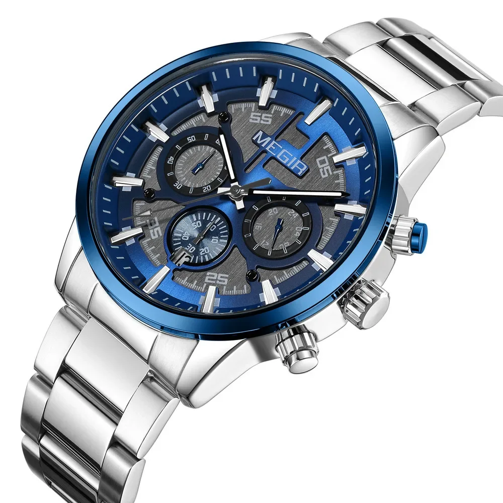 MEGIR Mens Business Fashion Watches Calendar Stainless Steel Quartz Wrist Watch Clock Casual Chronograph Relogio Masculino