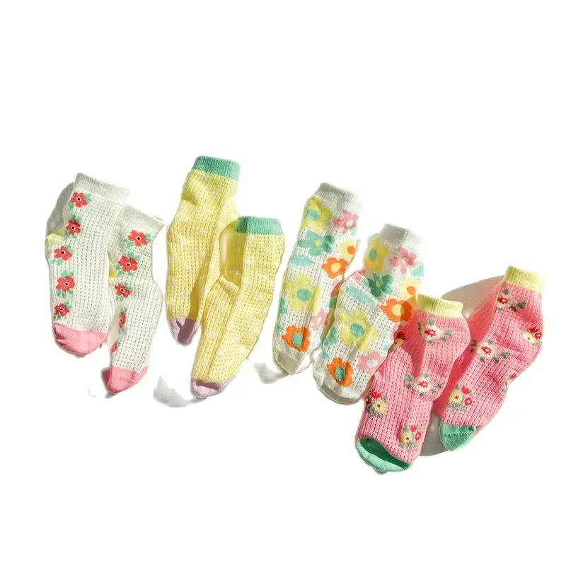 4Pairs 1-12Year Spring/Summer 2023 Thin Striped Flower Baby Socks Mesh Cotton Cute Girls' Socks