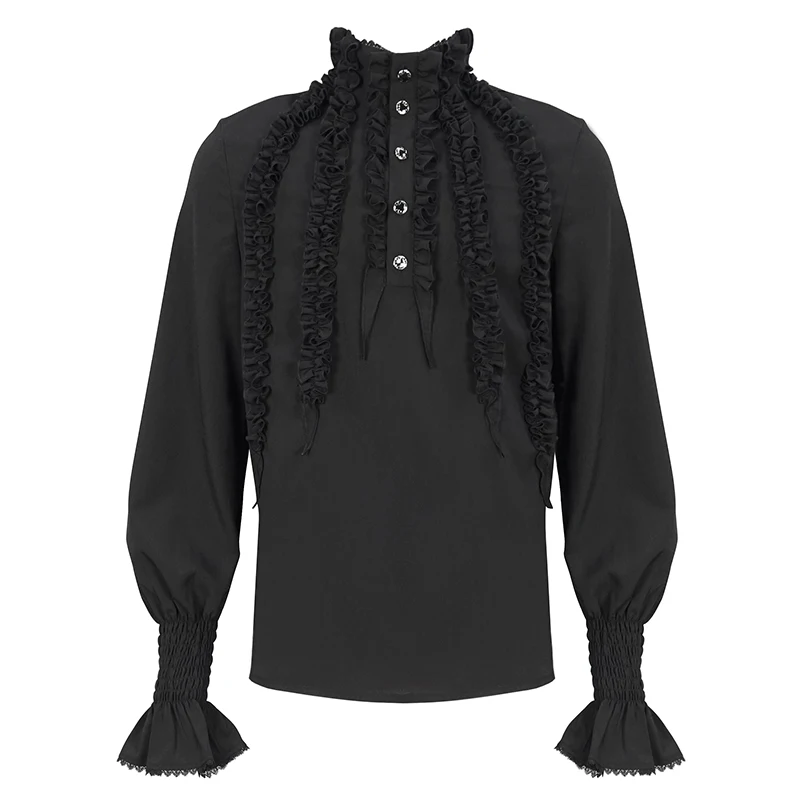 DEVIL FASHION Men Victorian Ruffle White Black Shirt Stand Collar Gothic Pirate Costume Long Sleeve Blouse SHT104