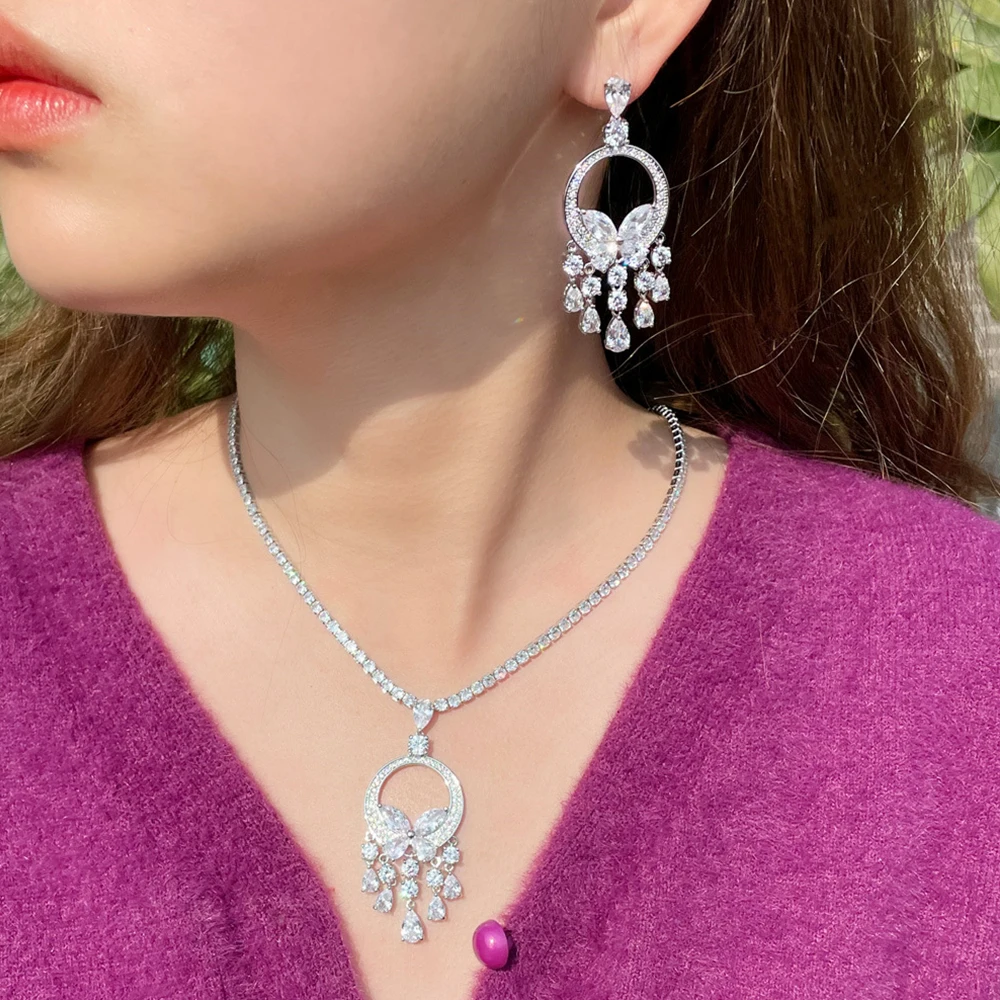 BeaQueen Delicate Charming Wedding Jewelry Sets Yellow White Cubic Zirconial Long Tassel Drop Earrings Necklace for Women JS318