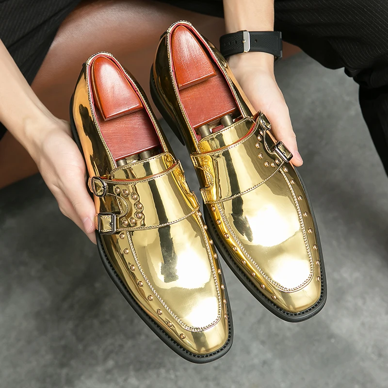 New Gold Men Dress Shoes Loafers Square Toe Buckle Strap Spring Autumn Handmade Wedding Shoes  Size 38-46