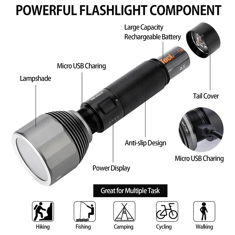 NexTool Rechargeable Led Flashlight 5000mAh 2000lm 380m IPX7 Waterproof Strong Light EDC Torch Lamp for Outdoor Camping