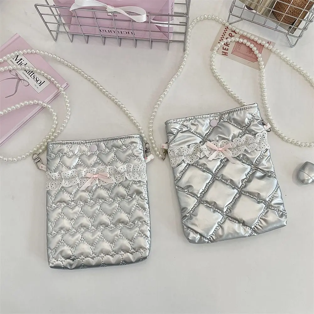 

New Bowknot Crossbody Bag with Pearl Chain Large Capacity Phone Pouch Portable Gift Coin Purse
